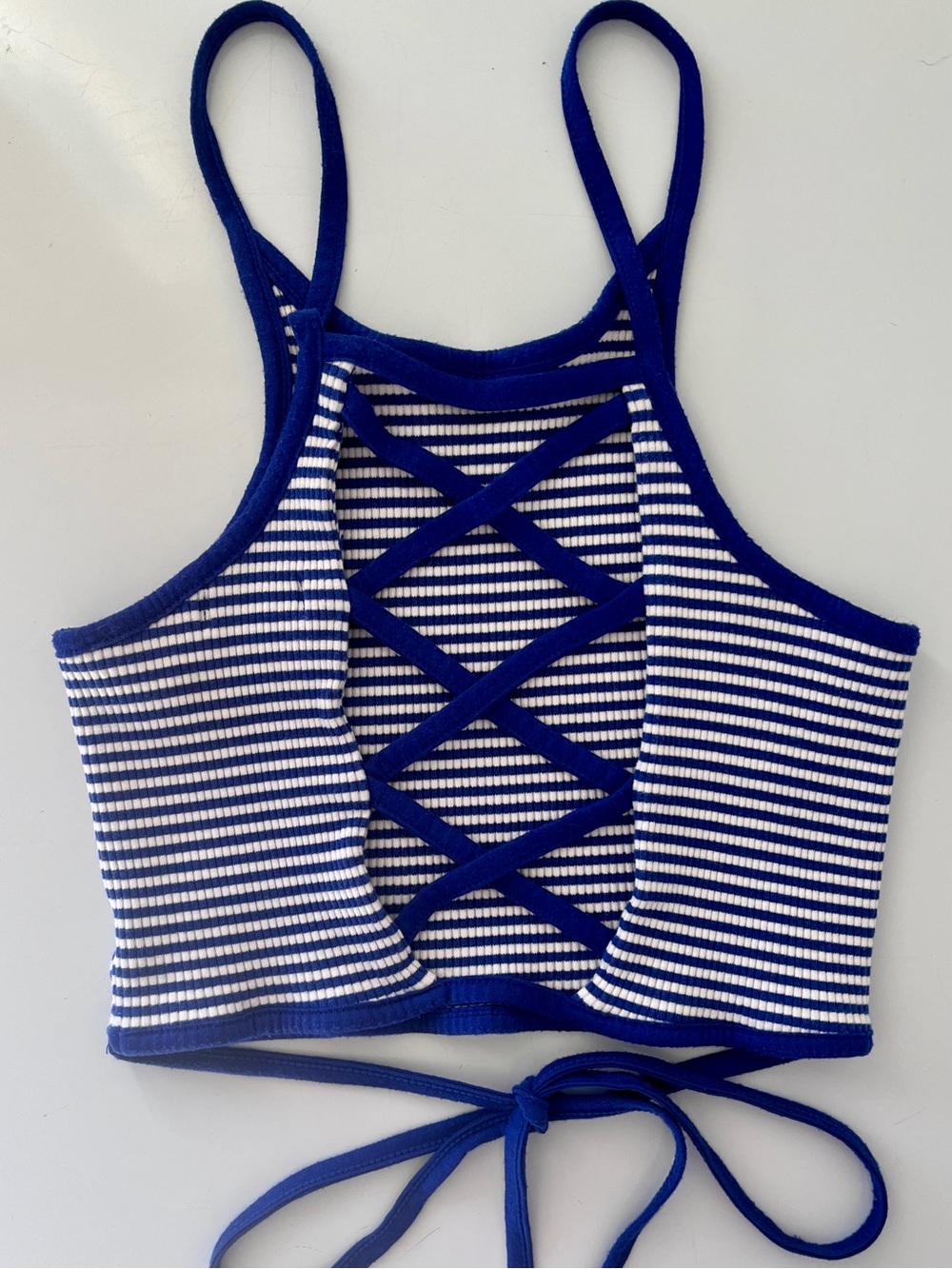 Sorella Blue White Striped Lace-Up Back Crop Top Size L Stretch Knit Tie Waist